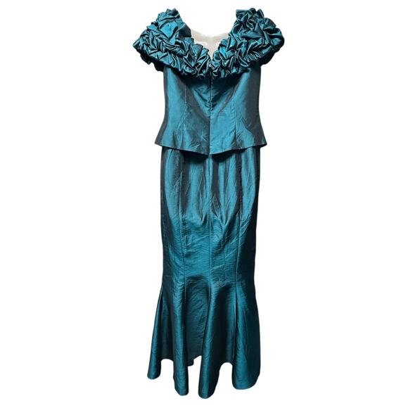 Daymor Couture Size 10 Ruffle Teal Metallic Gown Off The Shoulder Long Formal - Picture 5 of 10